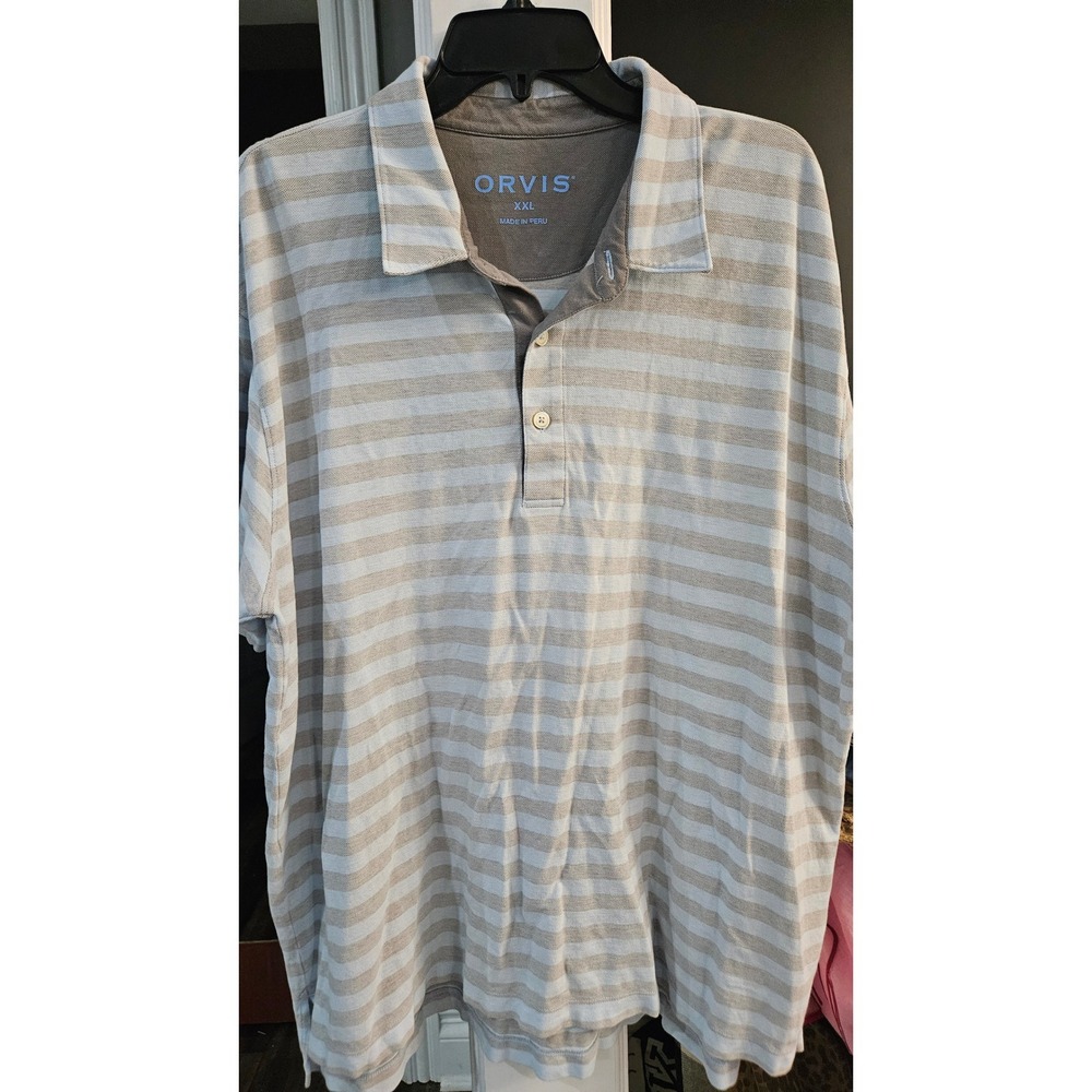 Orvis Mens Gorpcore Blue/Tan Striped Pima Cotton Short Sleeve Polo shirt sz XXL